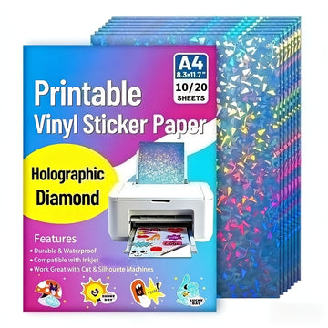 10/20 Sheets Diamond Vinyl Sticker Paper - A4 Size (8.3X11.7 Inch) & Self-Adhesive, Inkjet Printable with Cracked Glass Pattern for Crafts, Labels, Branding, Projects