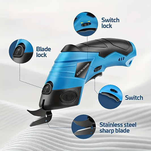 Electric Fabric Cutting Scissors, USB Rechargeable Wireless Precision Cutting Tool, 1500mAh Cordless Electric Scissors, Suitable for Clothing, Carpet, Leather, Cardboard, Crafts, Ergonomic Design, Black and Blue, Adjustable Blade, One-Touch Start