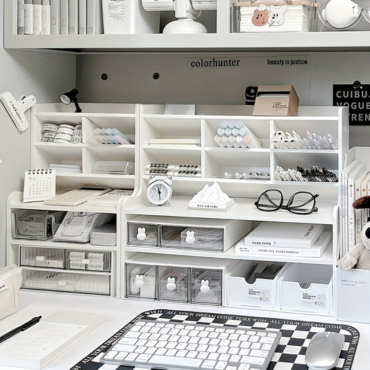 1pc 2-Tier Desk Organizer & Drawer Storage|with Tilt Pen Holder, Raised Bookshelf |Matte White PVC for Stationery, Cosmetics, Office Supplies |Space-Saving Partition Box Dormitory Storage Box/modern/partition Storage Box, Desk Storage Box Accessories