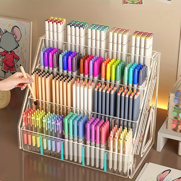 1pc Large Capacity Acrylic Pen Holder Organizer with Multi-Compartment Desk Storage Box Suitable for Pens, Markers, Pencils - Durable for Home, Office, School - Ideal for Teachers, Artists, Marketers