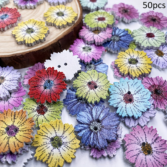 50pcs Mixed Color Flower Buttons | Handmade Decorative Craft Buttons with 2 Holes for Sewing and Projects, Plastic Material
